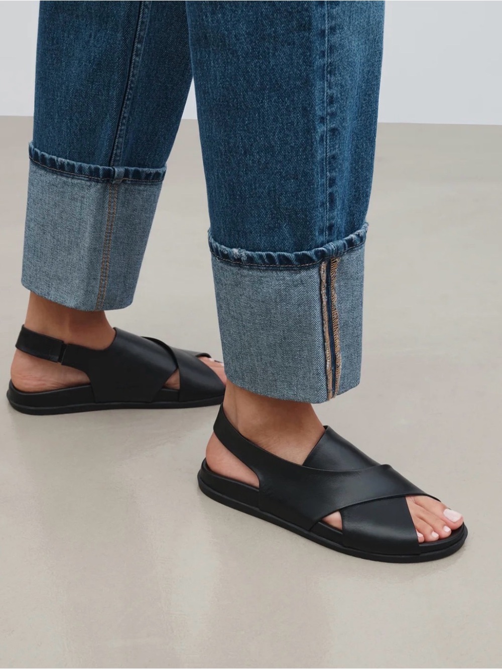 Marcella NYC Heidi Black Leather Cross-Band Slingback Sandals - Picture 2 of 11